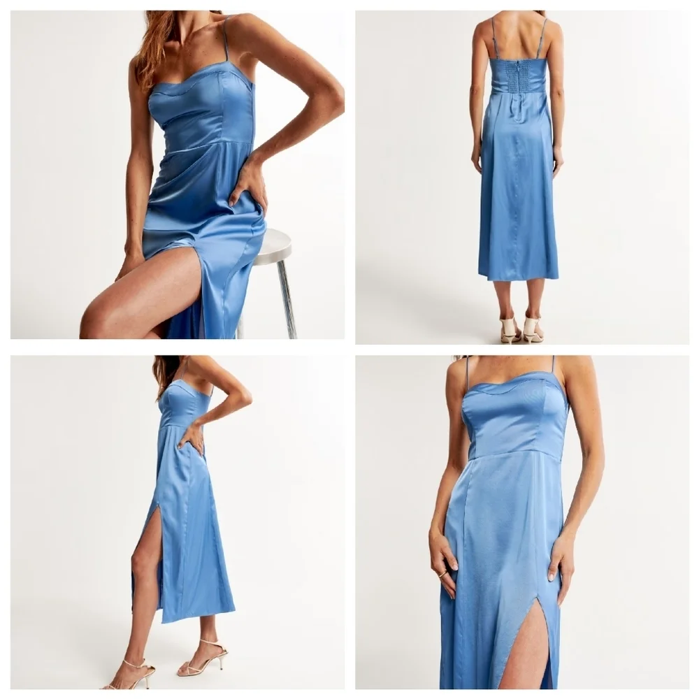NWT Abercrombie Camille Blue Satin Smocked‎ Sleeveless Midi Dress Size MP